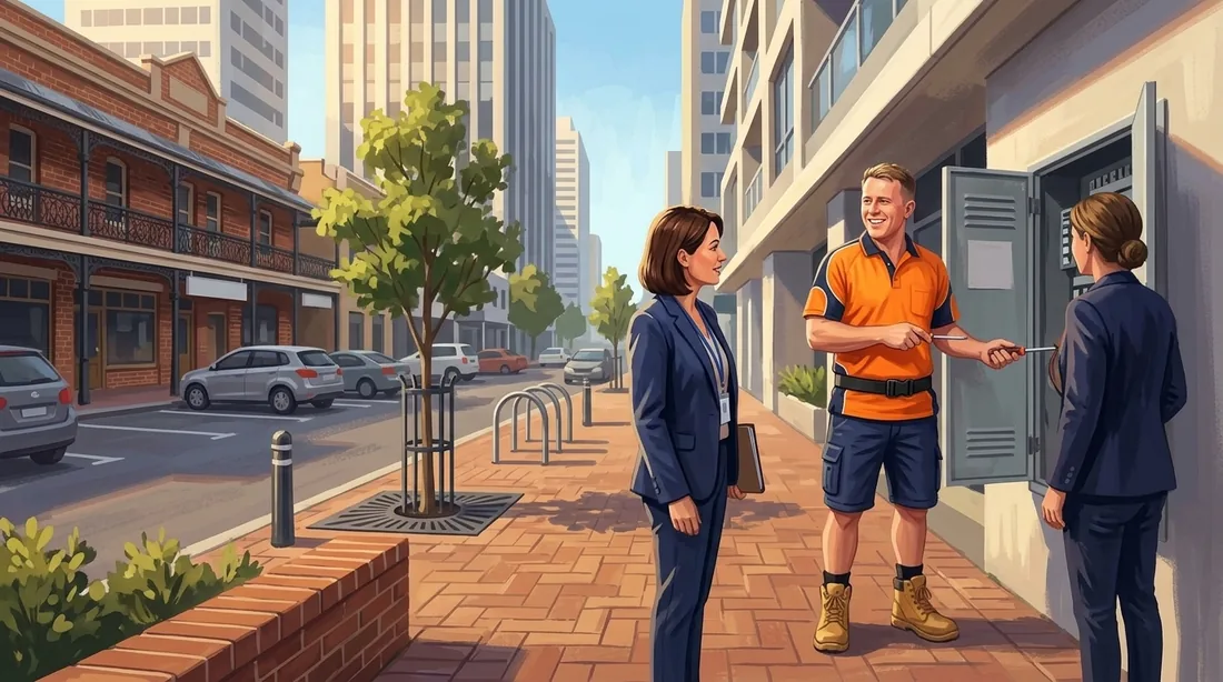 Illustration of a SolArk Electrical tradesman on a job in the city and inner west of Perth