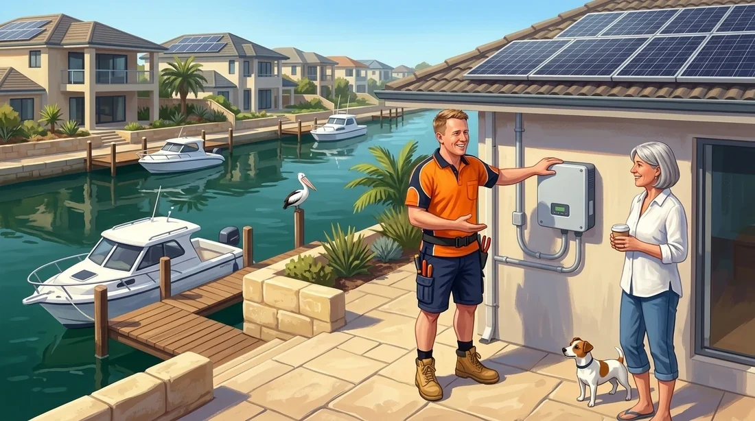 Illustration of a SolArk Electrical tradesman on a solar job at a canal home on the Mandurah canals