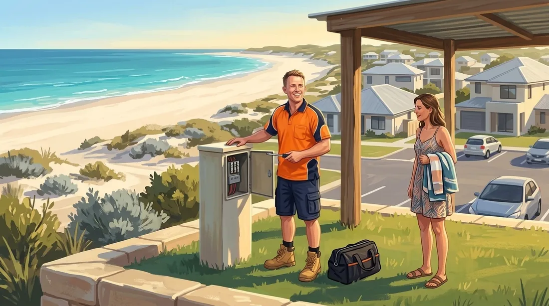 Illustration of a SolArk Electrical tradesman at Alkimos Beach in Alkimos