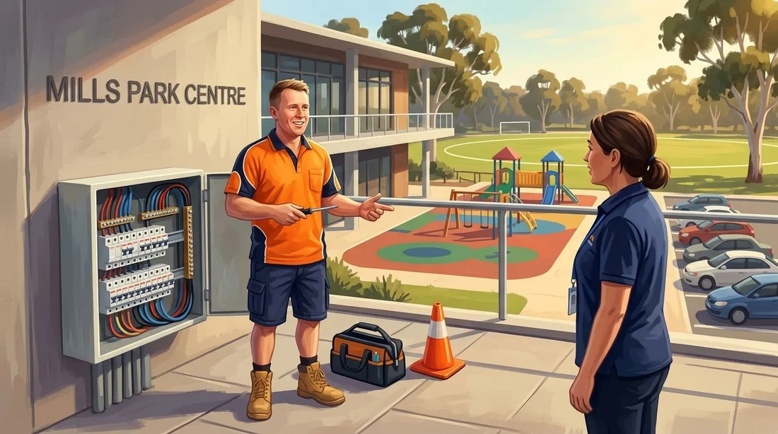 Illustration of a SolArk Electrical tradesman at Mills Park Centre in Beckenham