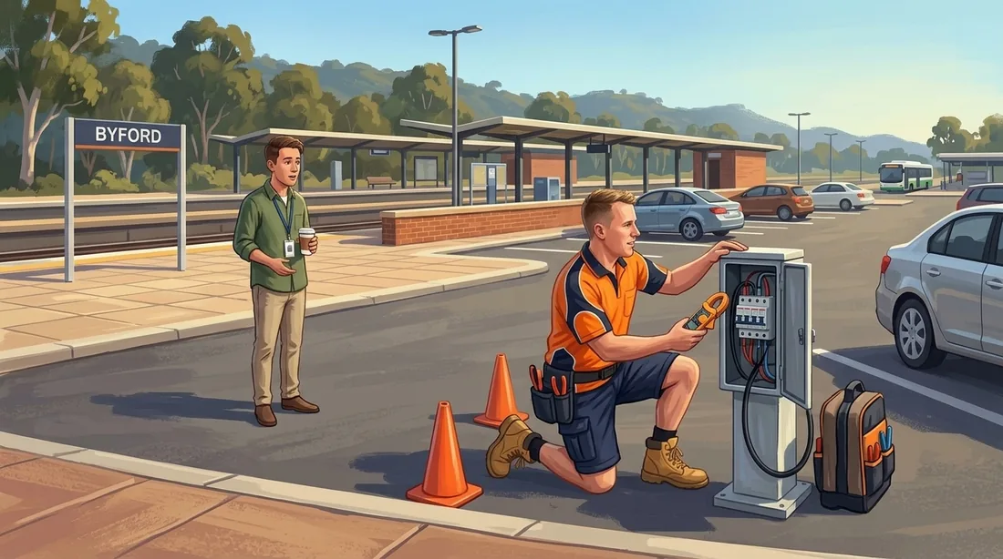 Illustration of a SolArk Electrical tradesman at Byford Station in Byford