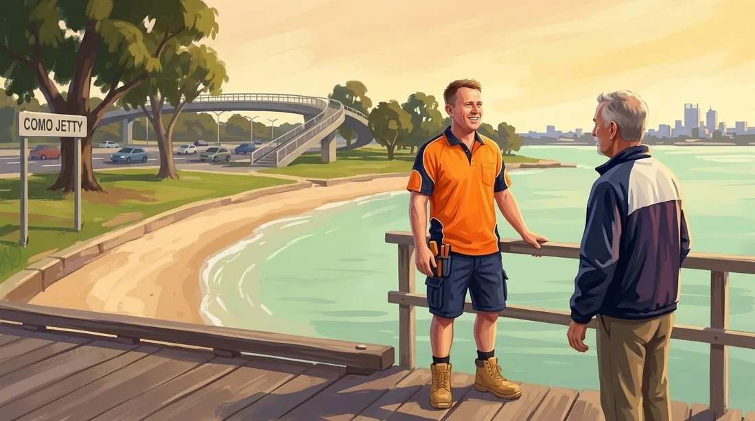 Illustration of a SolArk Electrical tradesman at Como Jetty in Como