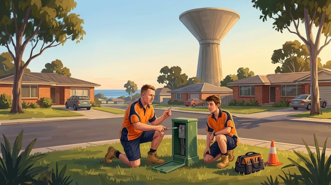 Illustration of a SolArk Electrical tradesman at the Doubleview water tower in Doubleview