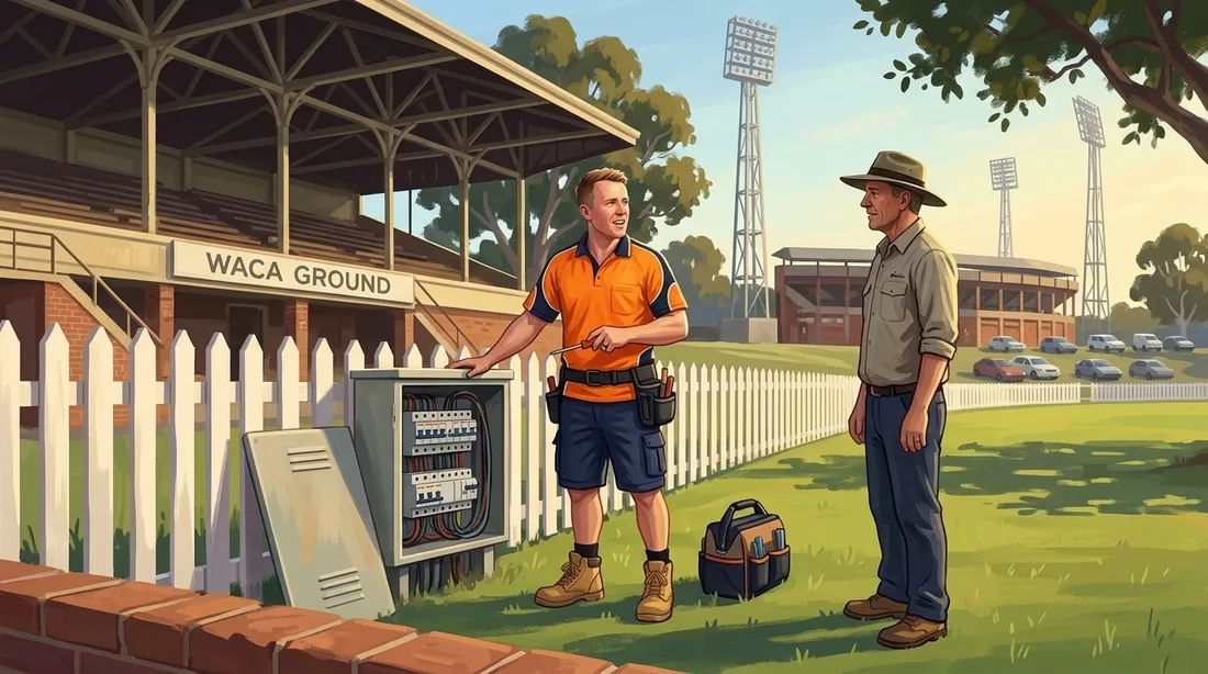 Illustration of a SolArk Electrical tradesman at the WACA Ground in East Perth
