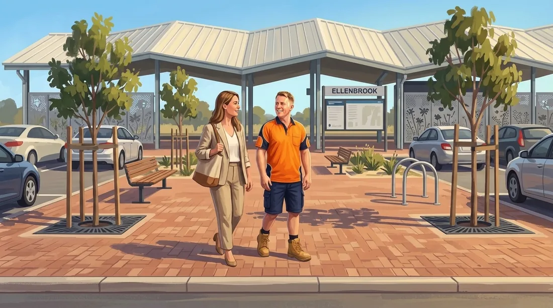 Illustration of a SolArk Electrical tradesman at Ellenbrook railway station in Ellenbrook