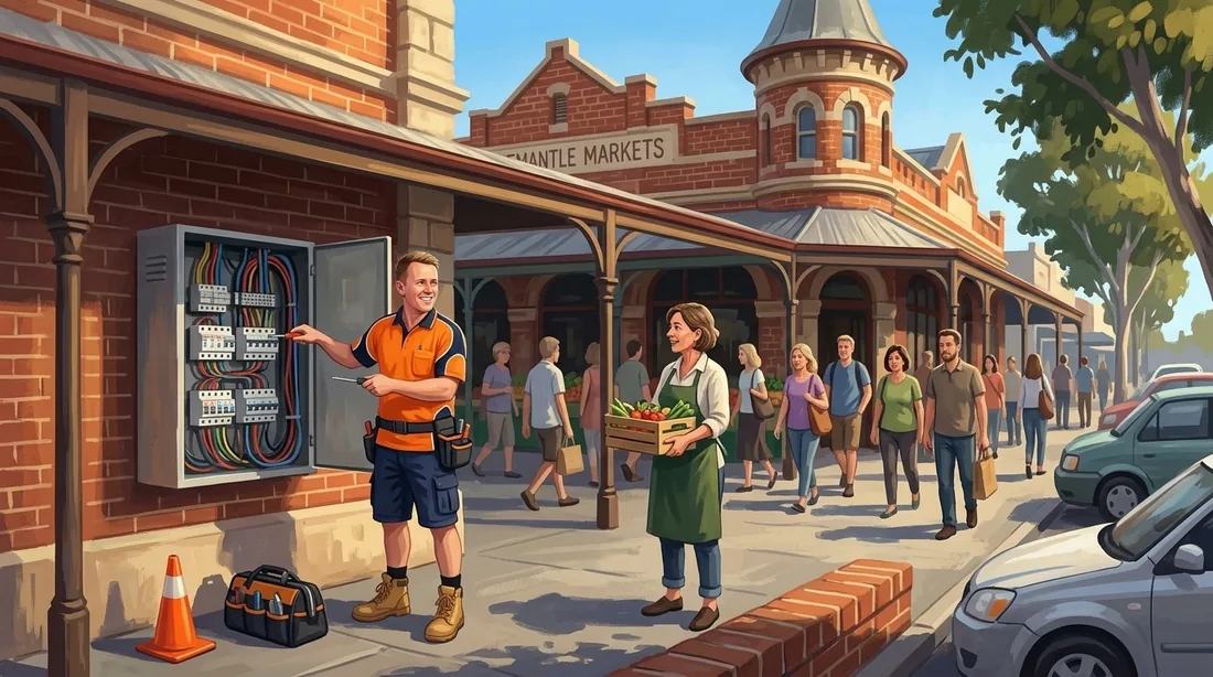 Illustration of a SolArk Electrical tradesman at Fremantle Markets in Fremantle