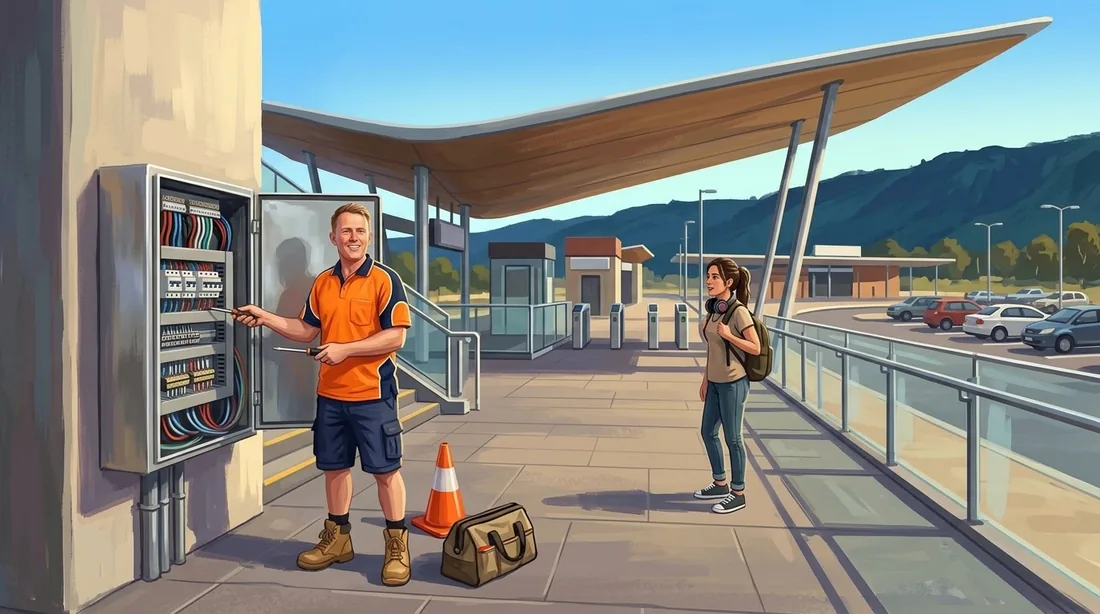 Illustration of a SolArk Electrical tradesman at High Wycombe Station in High Wycombe