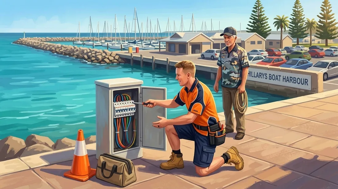 Illustration of a SolArk Electrical tradesman at Hillarys Boat Harbour in Hillarys
