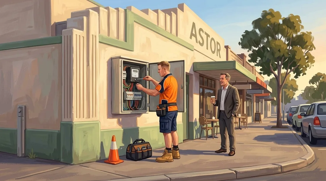 Illustration of a SolArk Electrical tradesman at the Astor Theatre in Mount Lawley