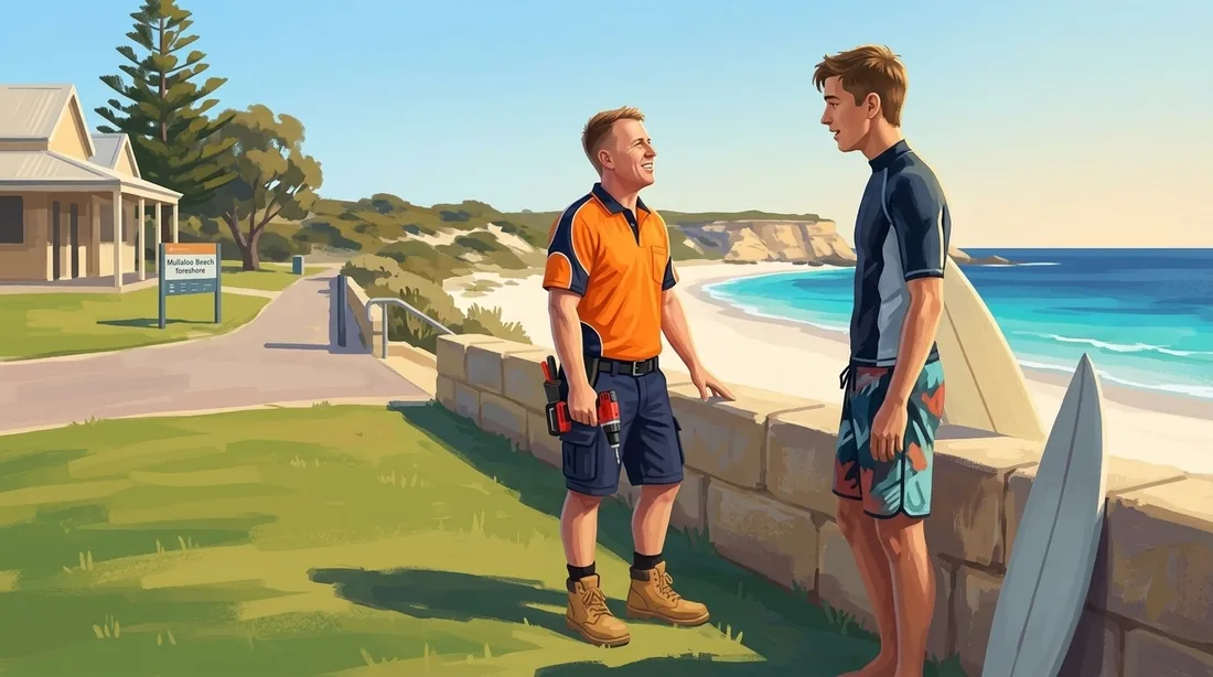 Illustration of a SolArk Electrical tradesman at Mullaloo Beach foreshore in Mullaloo