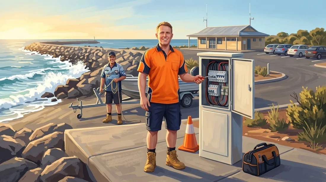 Illustration of a SolArk Electrical tradesman at Ocean Reef Boat Harbour in Ocean Reef