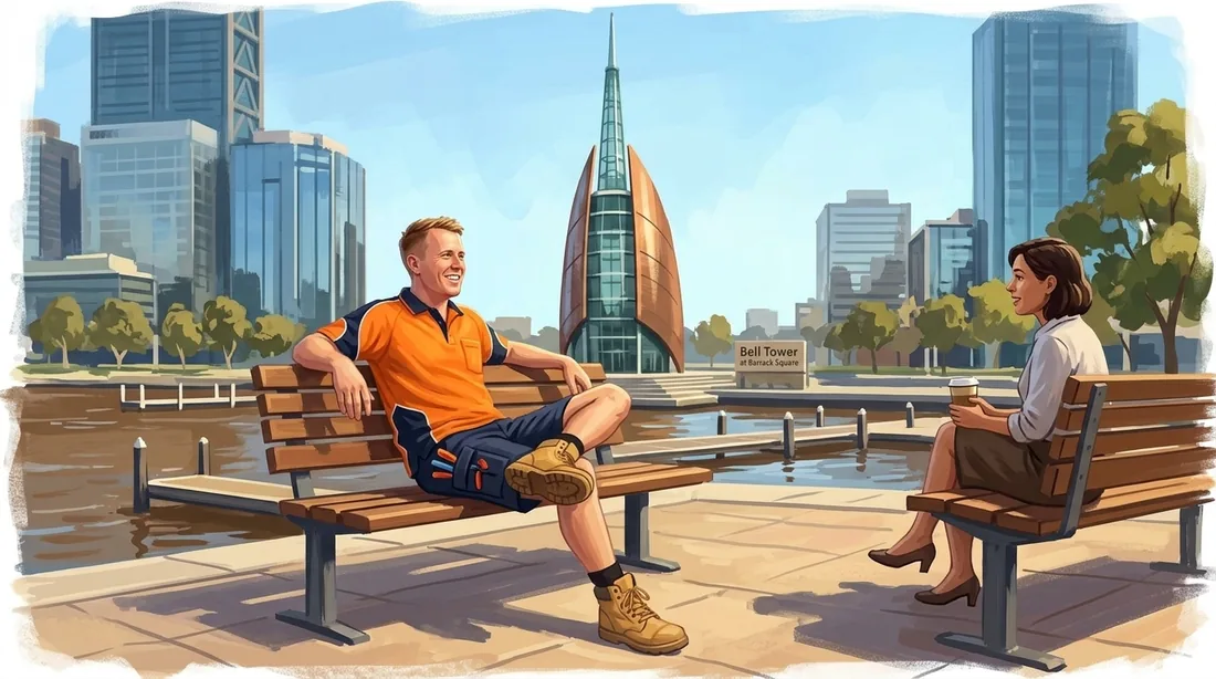 Illustration of a SolArk Electrical tradesman at the Bell Tower at Barrack Square in Perth