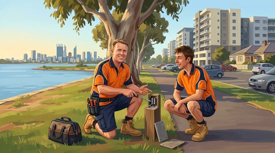 Illustration of a SolArk Electrical tradesman at the Swan River foreshore at Rivervale in Rivervale