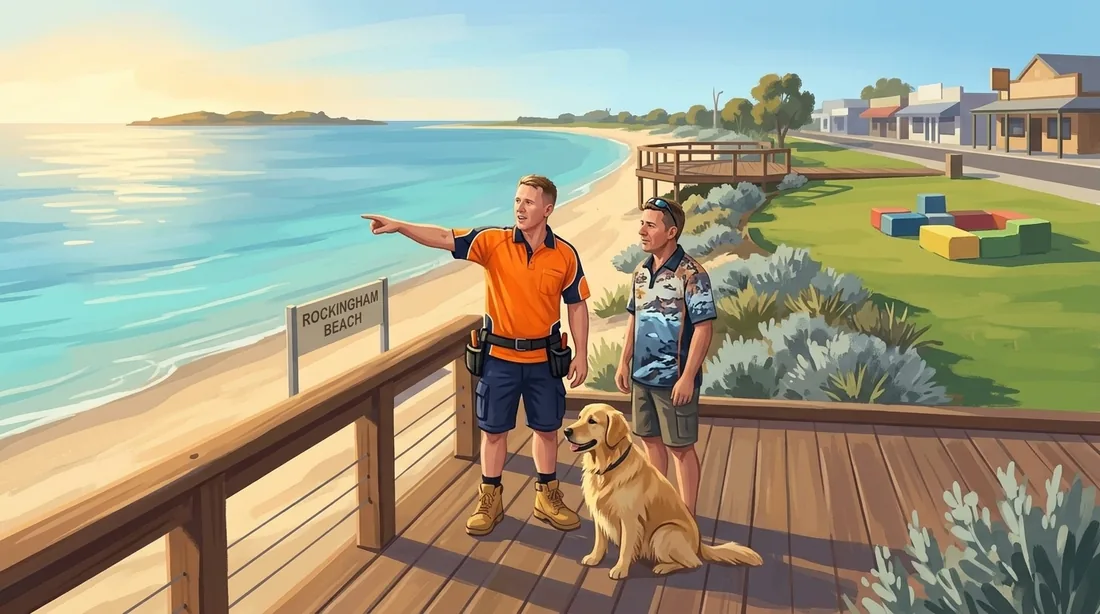Illustration of a SolArk Electrical tradesman at Rockingham Beach in Rockingham