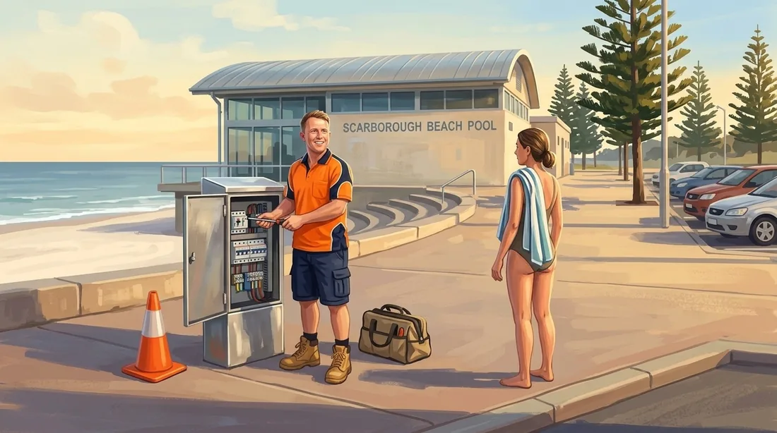 Illustration of a SolArk Electrical tradesman at Scarborough Beach Pool in Scarborough
