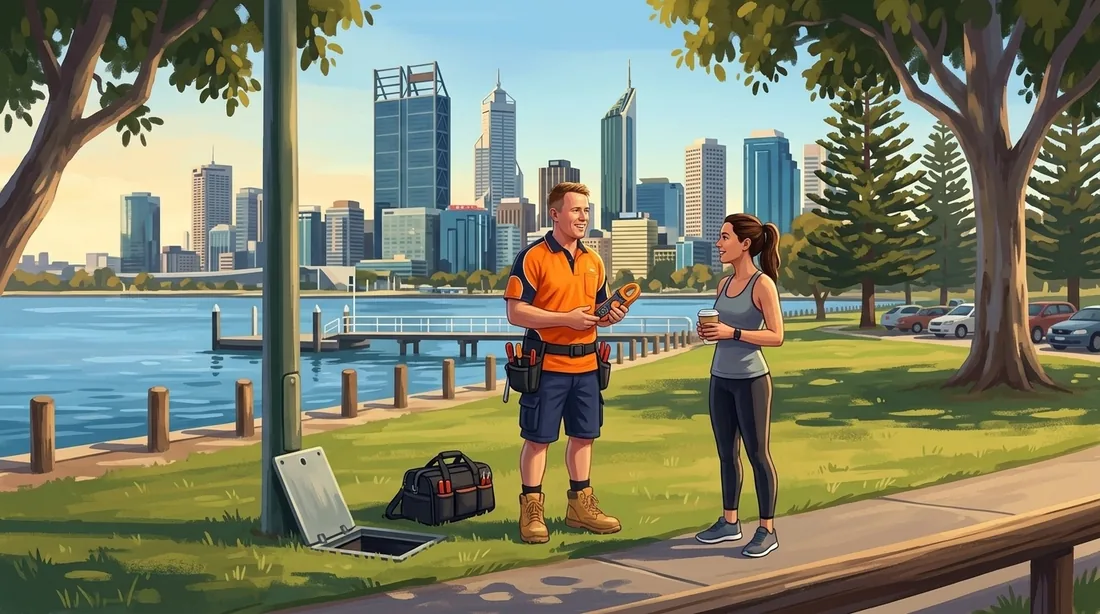 Illustration of a SolArk Electrical tradesman at Sir James Mitchell Park at the Mends Street jetty in South Perth