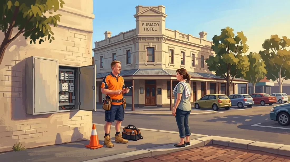 Illustration of a SolArk Electrical tradesman at the Subiaco Hotel in Subiaco