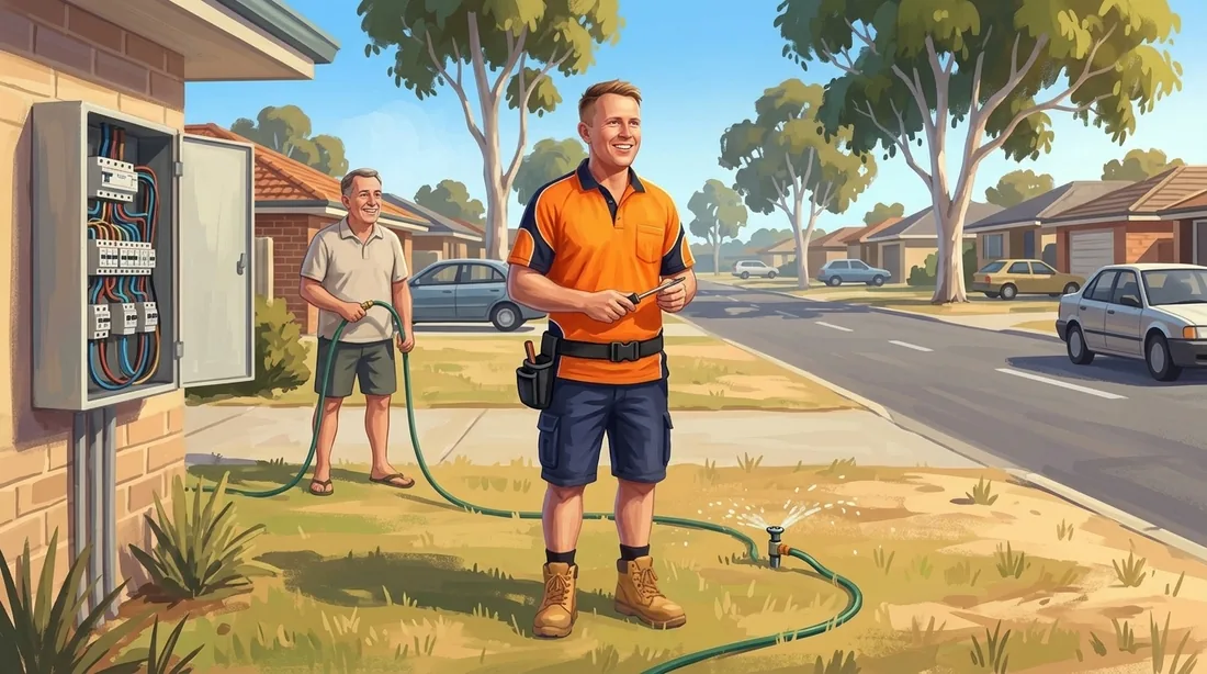 Illustration of a SolArk Electrical tradesman at the newer residential streets of Tapping in Tapping