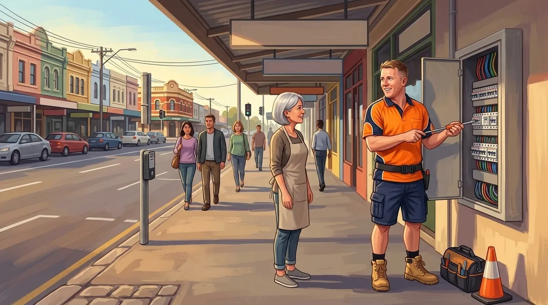 Illustration of a SolArk Electrical tradesman at the Albany Highway shopping and cafe strip in Victoria Park