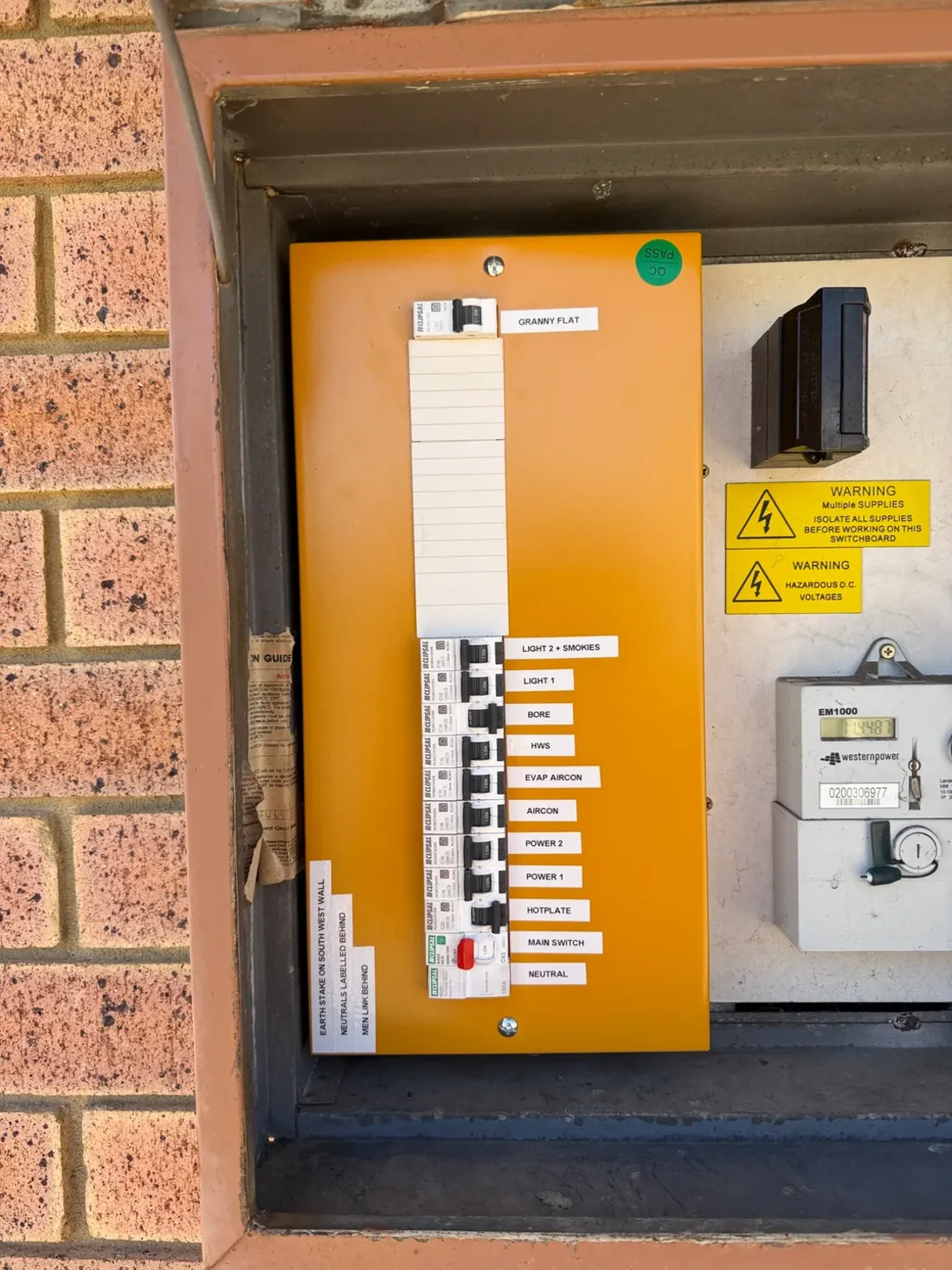 A new switchboard with labelled circuit breakers in the meter box of a Beechboro home, upgraded by SolArk Electrical