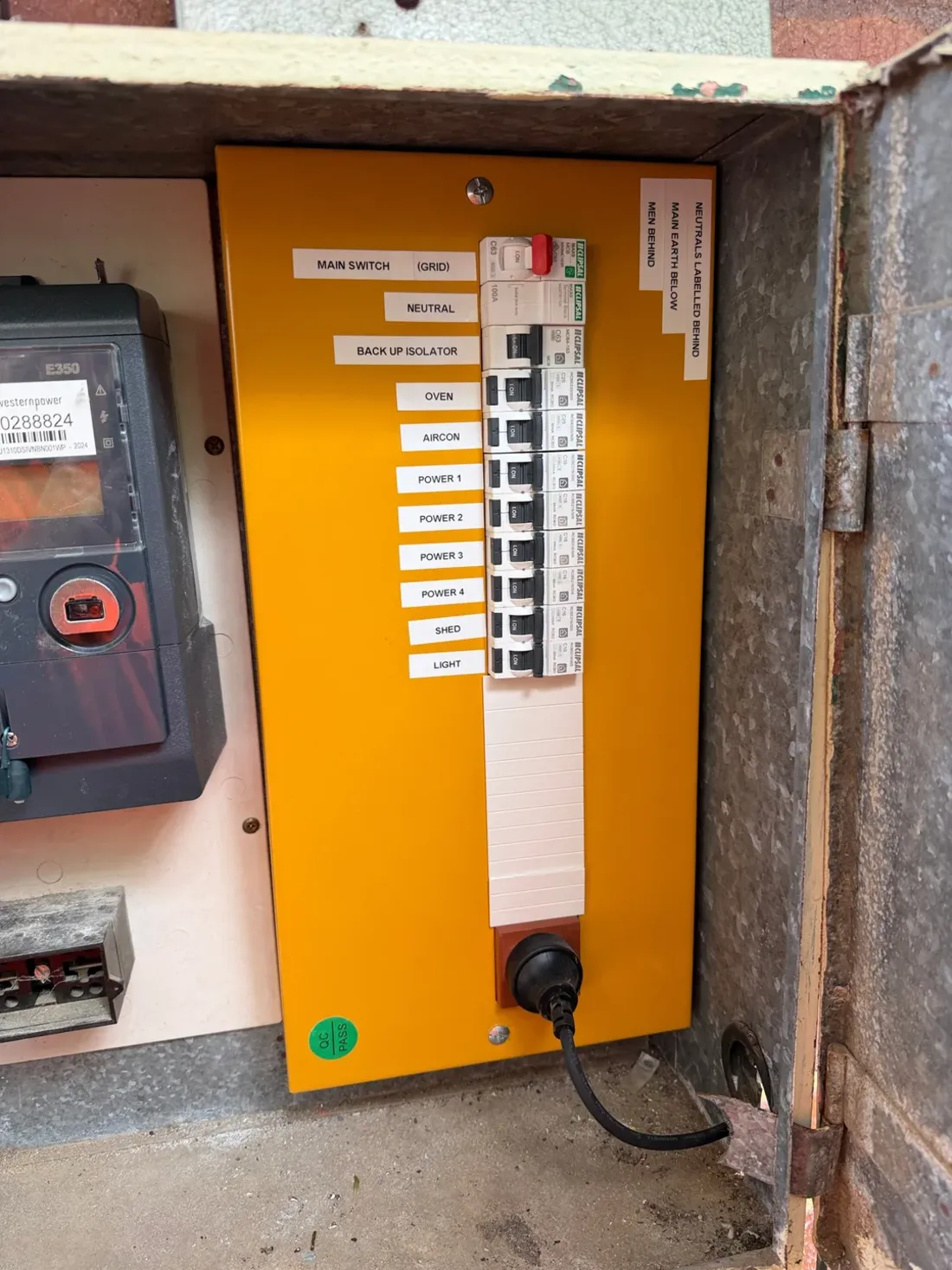 A switchboard with neatly labelled circuit breakers in a Mindarie meter box, upgraded by SolArk Electrical