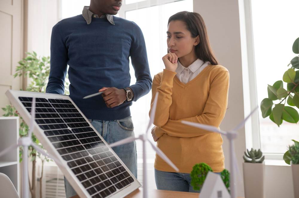 A man and woman discussing in an office while pointing to a solar panel.