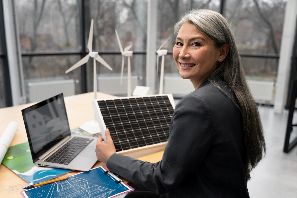 Woman with white hair smiling at the camera while holding a solar panel in front of a laptop, highlighting solar and battery price options for homeowners.