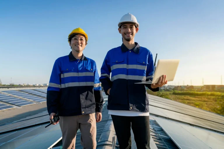 Two male workers smiling as they stand on a roof with solar panels behind them.