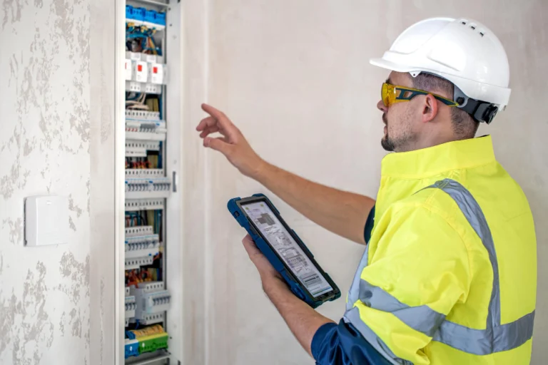 A male electrician inspecting a switchboard.
