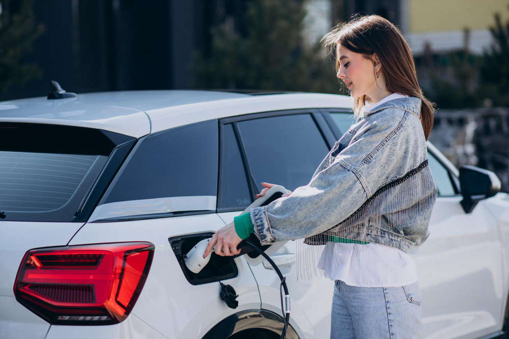 A young woman charging an electric vehicle with a charging pistol.