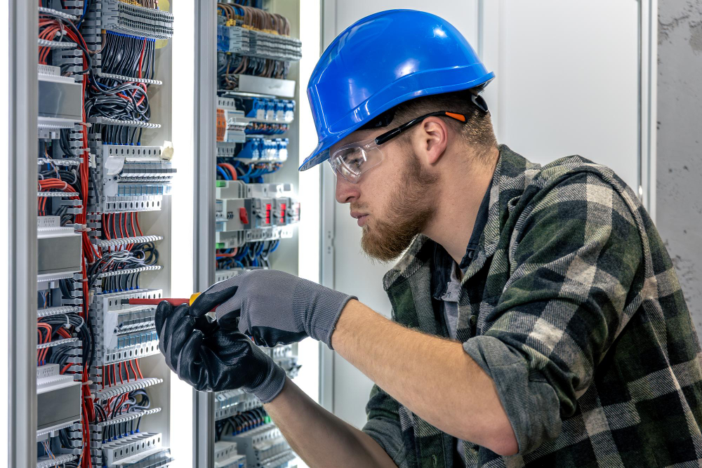 Electrician Rockingham working on a switchboard with electrical connecting cables.