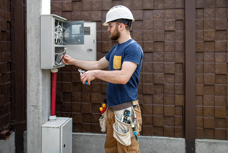 An electrician inspecting wiring connections for solar batteries for home