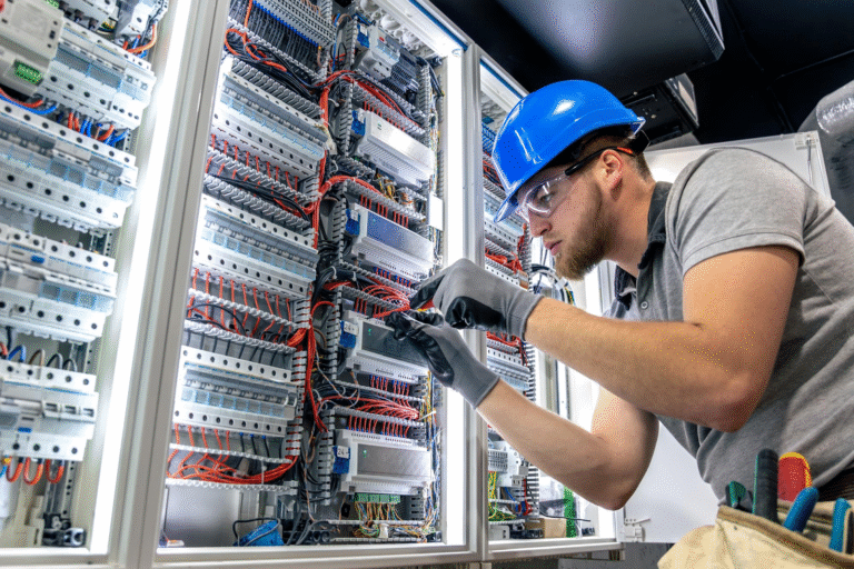 A male electrician working on switchboard electrical services