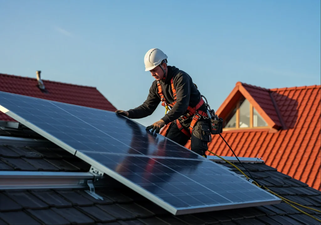 An electrician in safety gear repairing a solar panel on a tiled roof.