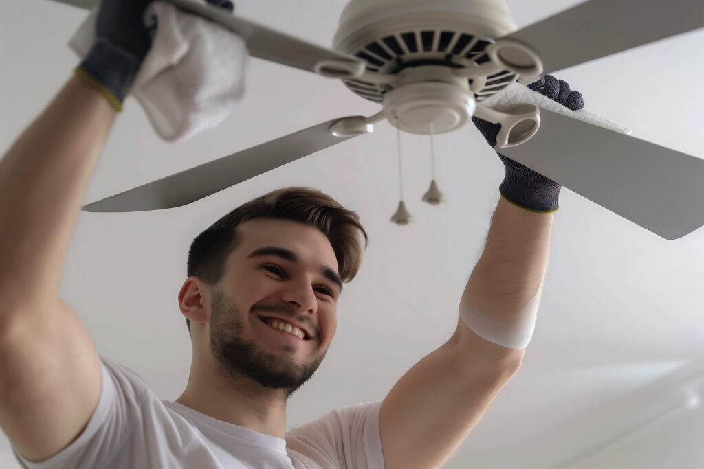 a local electrician smiling while installing a ceiling fan