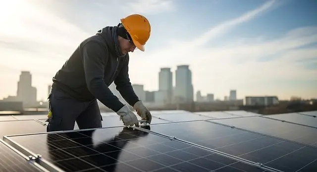 A male technician installing solar panels on a roof.