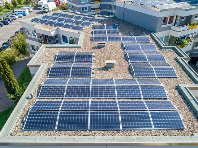 Solar panels on the roof of a commercial building.